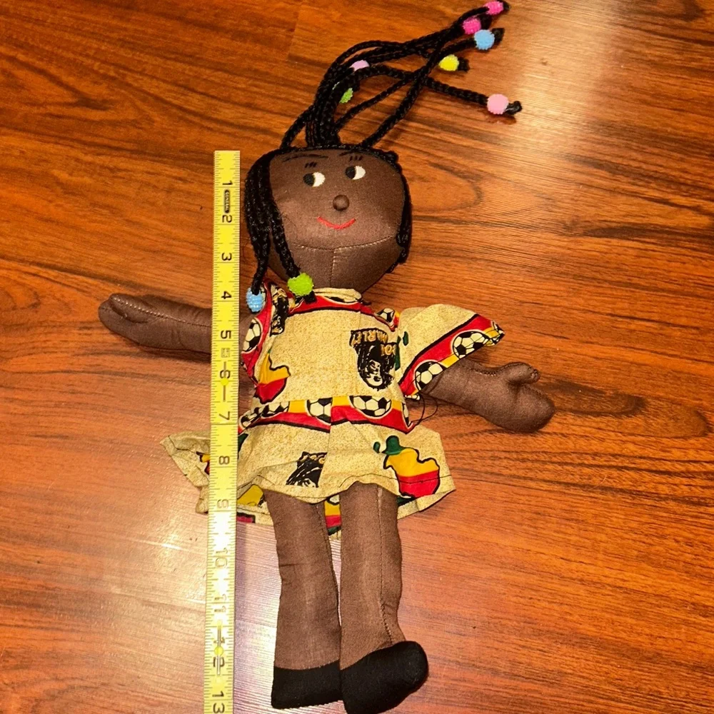 Handmade African Black Rag Doll w/Braids & Beads wearing a Bob Marley Dress 13”